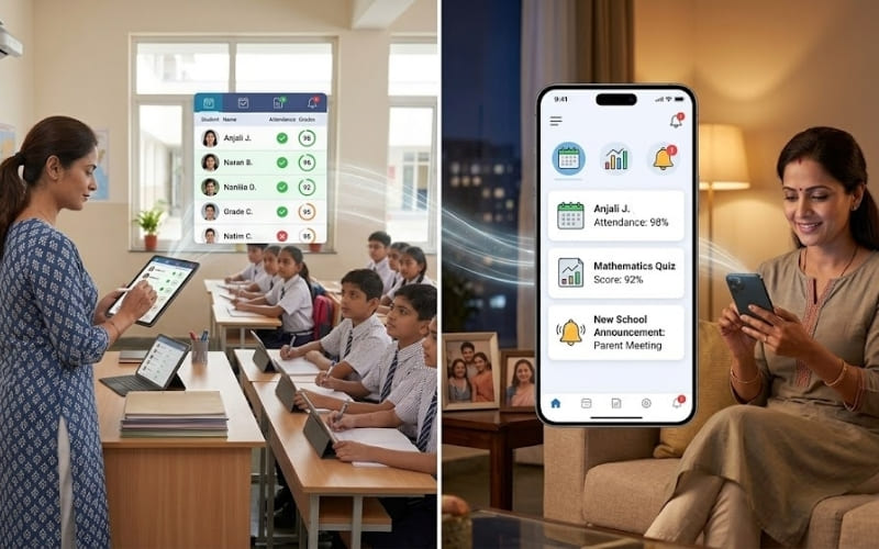 Parent communication app showing attendance alerts and messages between teachers and parents